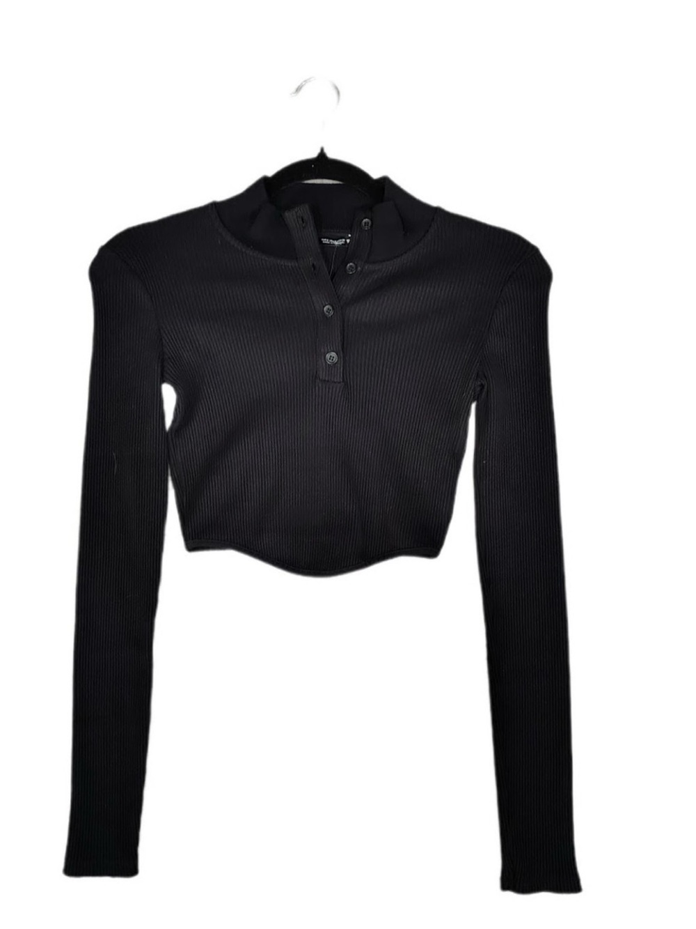 Zara Black Ribbed Cropped Henley Long Sleeve Top